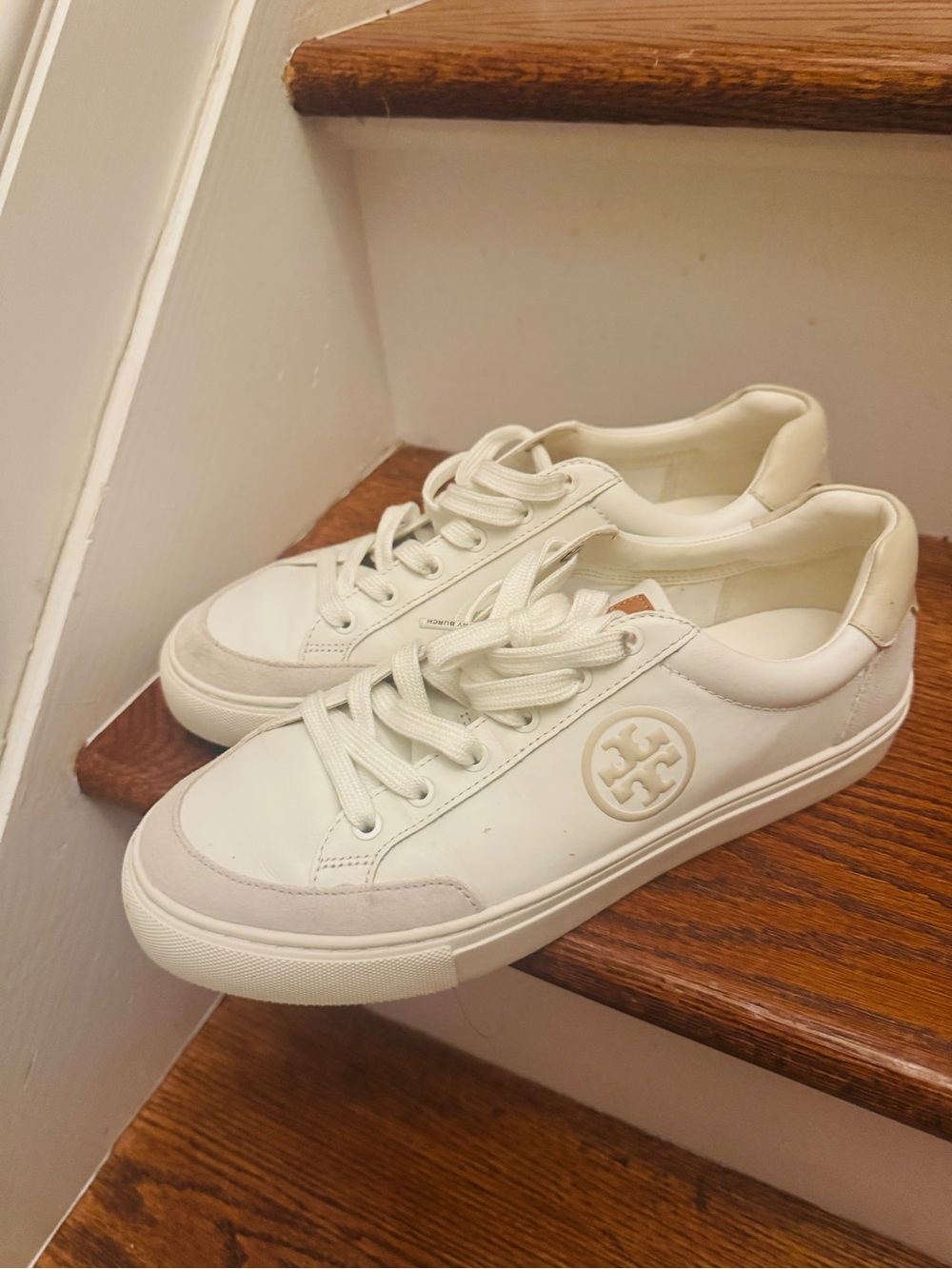 Tory Burch Cream and White Leather Logo Sneakers